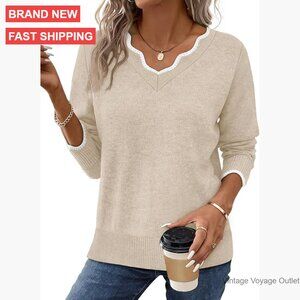Cozy V-Neck Pullover Sweater Long Sleeve Lightweight Winter Top